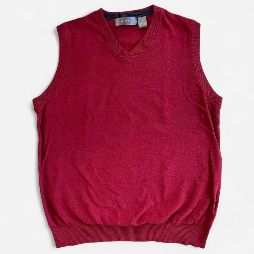 Oscar De La Renta V-Neck Argyle Diamond Burgundy Red Sweater Vest M